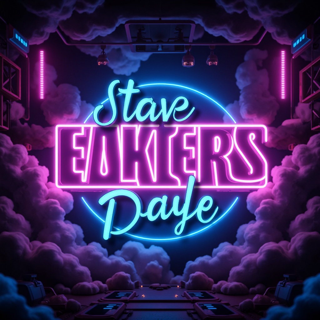 Prompt: Vibrant digital illustration, futuristic neon lights, bold typography, abstract shapes, glowing accents, metallic textures, dark backgrounds, electric blue hues, bright pink highlights, pastel gradients, subtle animations, 3D visual effects, atmospheric mist, cinematic depth of field, symmetrical composition.