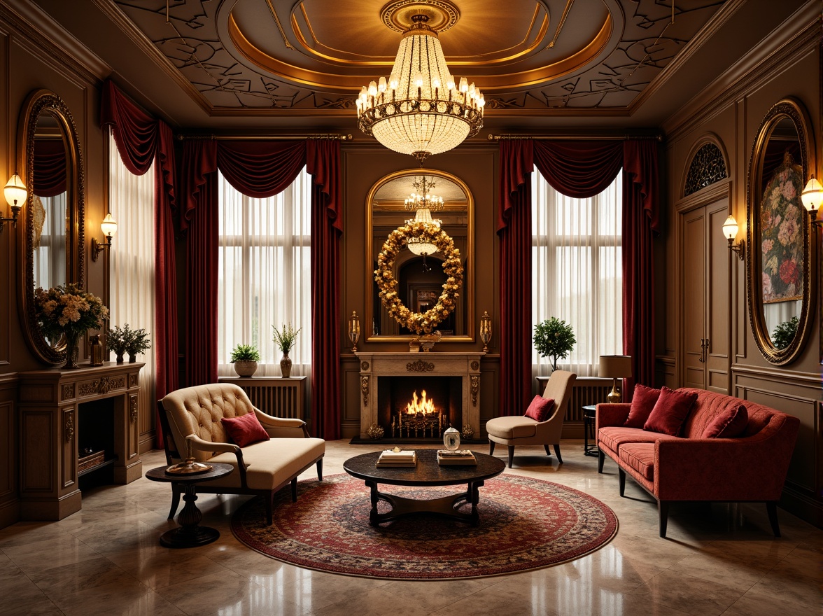 Prompt: Luxurious living room, opulent chandeliers, rich velvet fabrics, metallic accents, geometric patterns, ornate mirrors, lavish furnishings, bold color schemes, statement pieces, curved lines, glamorous ambiance, warm golden lighting, shallow depth of field, 1/1 composition, intimate atmosphere, vintage decorative items, marble floors, high ceilings, ornamental railings, sophisticated textures, subtle gradient effects.