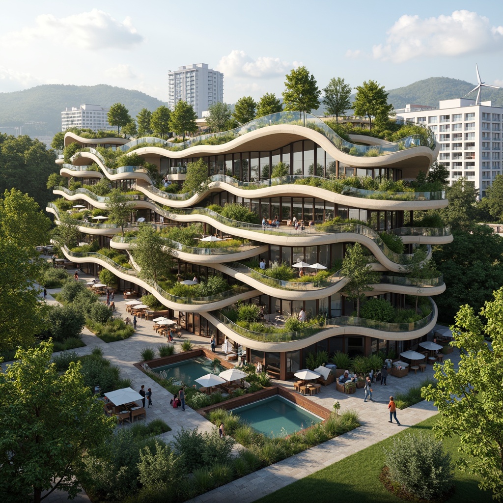 Prompt: Eco-friendly building, green roof, solar panels, wind turbines, rainwater harvesting systems, recycled materials, natural ventilation, large windows, clerestory lighting, organic shapes, curved lines, earthy color palette, lush vegetation, living walls, verdant roofs, water features, small ponds, walking trails, shaded outdoor spaces, misting systems, energy-efficient appliances, sustainable urban planning, futuristic architecture, 3/4 composition, panoramic view, realistic textures, ambient occlusion.