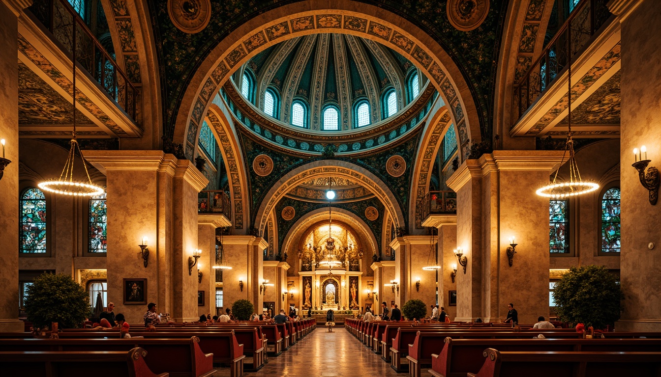 Prompt: Richly ornate Byzantine church, golden domes, intricate mosaics, vibrant turquoise accents, warm beige stone walls, ornamental arches, elaborate frescoes, luminous stained glass windows, rich crimson reds, deep blues, emerald greens, soft candlelight, dramatic shadows, high contrast, 1/2 composition, symmetrical balance, ornate details, luxurious textures, mystical ambiance.