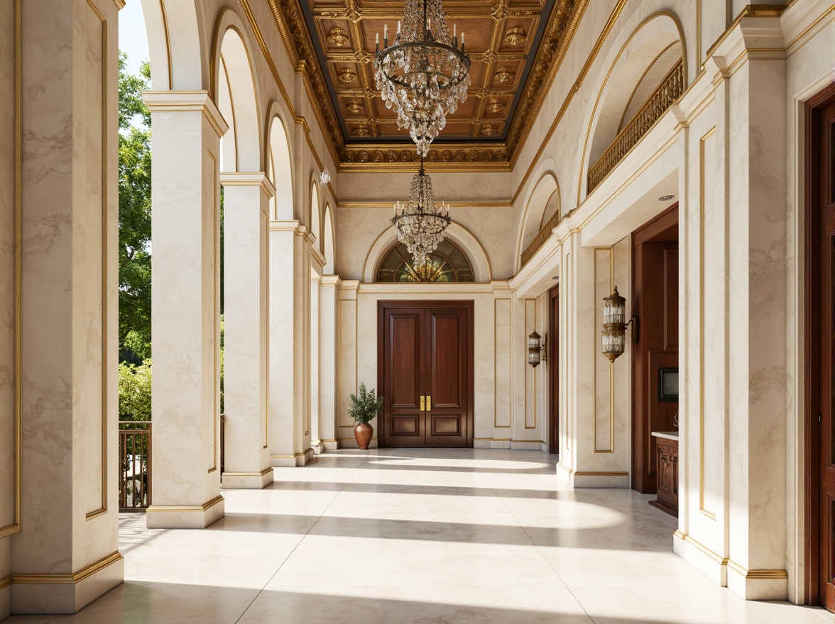 Prompt: Elegant neoclassical building, creamy white marble columns, ornate golden details, soft beige stone walls, grand entrance arches, symmetrical fa\u00e7ade, subtle ivory accents, rich brown wood tones, refined bronze fixtures, lavish crystal chandeliers, warm natural light, high ceilings, intricate moldings, ornamental plasterwork, serene atmosphere, shallow depth of field, 1/2 composition, realistic textures, ambient occlusion.