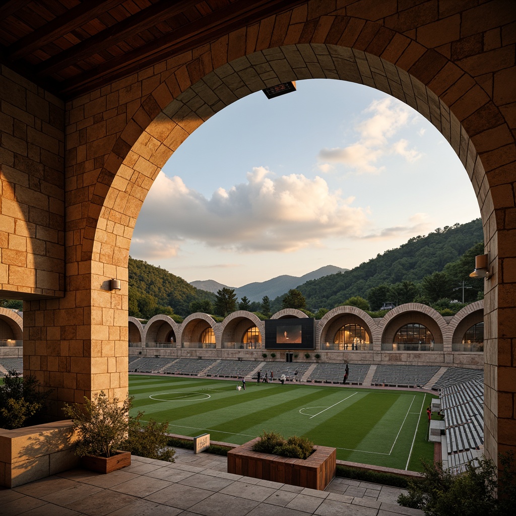 Prompt: Traditional vernacular stadium, rustic stone walls, curved arches, earthy tones, natural ventilation, grandstand seating, sports field, goalposts, floodlights, scoreboard, nostalgic atmosphere, warm sunset lighting, low-angle shot, 1/2 composition, symmetrical framing, realistic textures, ambient occlusion, lush greenery, surrounding hills, rural landscape.