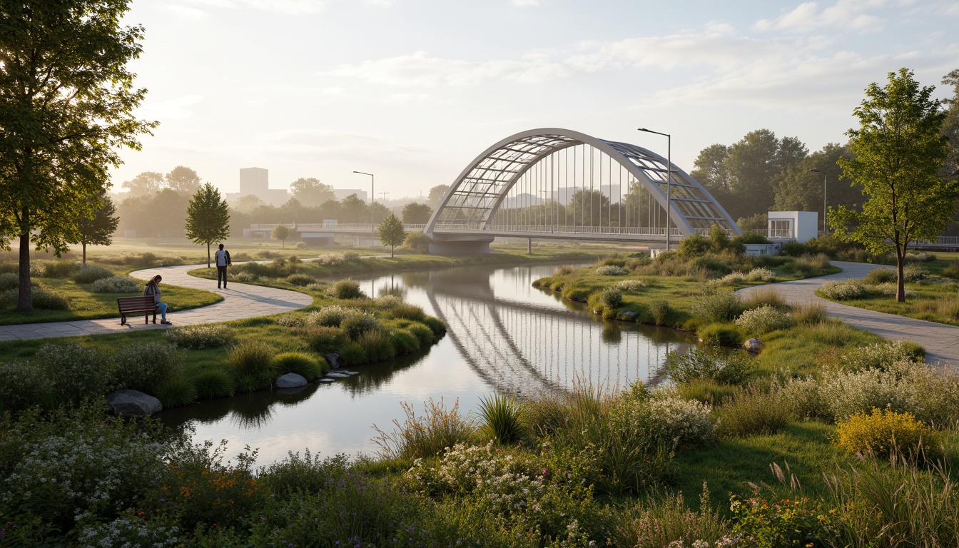 Prompt: Curved bridge structures, harmonious landscape integration, lush greenery, wildflowers, gentle water flows, serene lake reflections, misty morning atmosphere, warm natural lighting, shallow depth of field, 1/1 composition, symmetrical architecture, steel arches, cable-stayed systems, pedestrian walkways, cycling paths, benches, educational signs, habitat restoration areas, native plant species, ecological balance, sustainable materials, weathered stone textures, ambient occlusion.