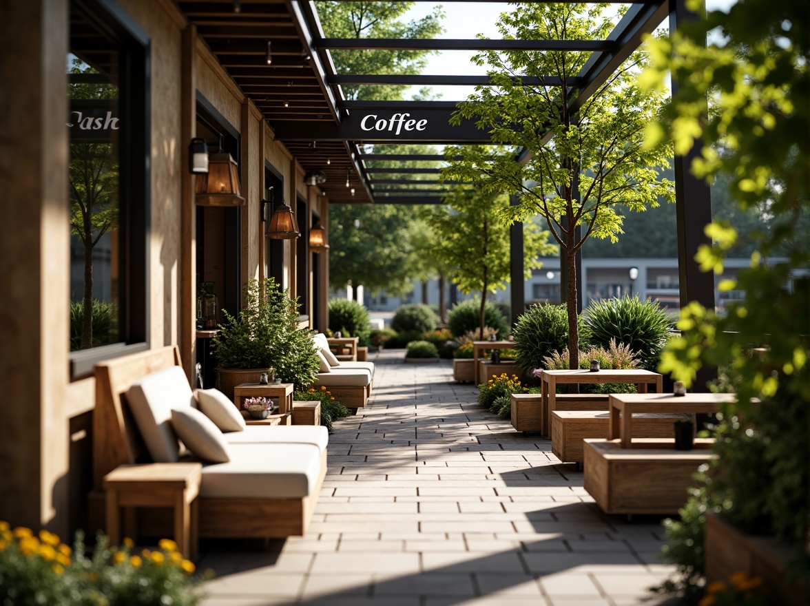 Prompt: Cozy coffee shop patio, rustic wooden benches, plush cushions, natural stone flooring, lush greenery, vibrant flowers, warm string lights, metal pergola, wicker furniture, comfortable outdoor seating, relaxing ambiance, soft background music, aromatic coffee scents, sunny afternoon, gentle breeze, shallow depth of field, 1/2 composition, realistic textures, ambient occlusion.