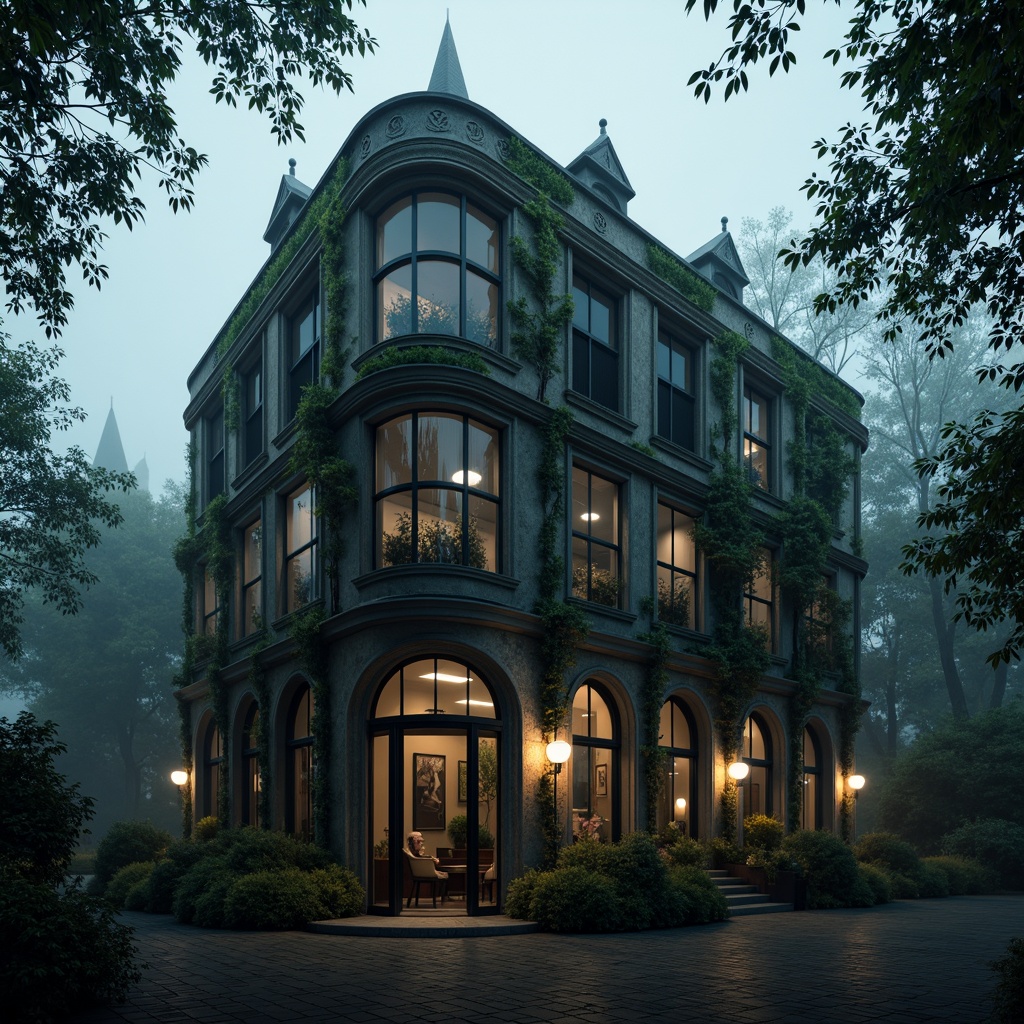 Prompt: \Mysterious Gothic office building, overgrown ivy, twisted tree branches, dark stone walls, intricate carvings, pointed arches, stained glass windows, mystical lanterns, foggy atmosphere, misty morning, subtle lighting, shallow depth of field, 1/2 composition, cinematic view, detailed textures, ambient occlusion.\Let me know if you need any adjustments!