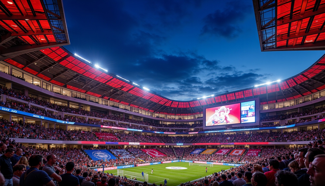 Prompt: Vibrant sports stadium, bold color contrasts, dynamic seating areas, energetic crowd atmosphere, bright LED scoreboard displays, sleek modern architecture, angular lines, cantilevered roofs, vast open concourses, polished concrete floors, metallic railings, bold graphic patterns, team logo branding, high-visibility signage, floodlighting, dramatic shadows, 3/4 composition, low-angle shot, realistic textures, ambient occlusion.