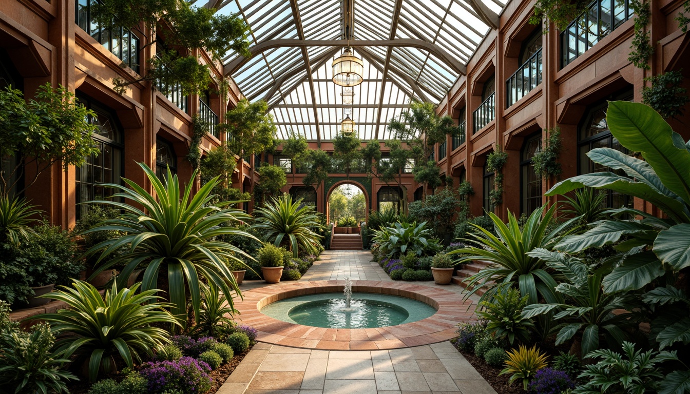 Prompt: Luxurious greenhouse interior, exotic botanical species, ornate metal framework, geometric glass panels, polished chrome accents, rich wood tones, velvety green walls, intricate tile work, ornamental fountains, lush tropical foliage, natural stone flooring, lavish chandeliers, warm golden lighting, shallow depth of field, 1/2 composition, symmetrical arrangement, realistic reflections, ambient occlusion.