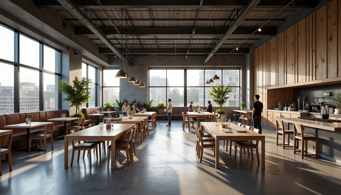 Prompt: Modern dining hall interior, minimalist decor, sleek wooden tables, ergonomic chairs, pendant lighting fixtures, open kitchen layout, stainless steel appliances, polished concrete floors, neutral color palette, abundant natural light, floor-to-ceiling windows, panoramic views, symmetrical composition, 1/1 aspect ratio, shallow depth of field, warm softbox lighting, realistic textures, ambient occlusion.