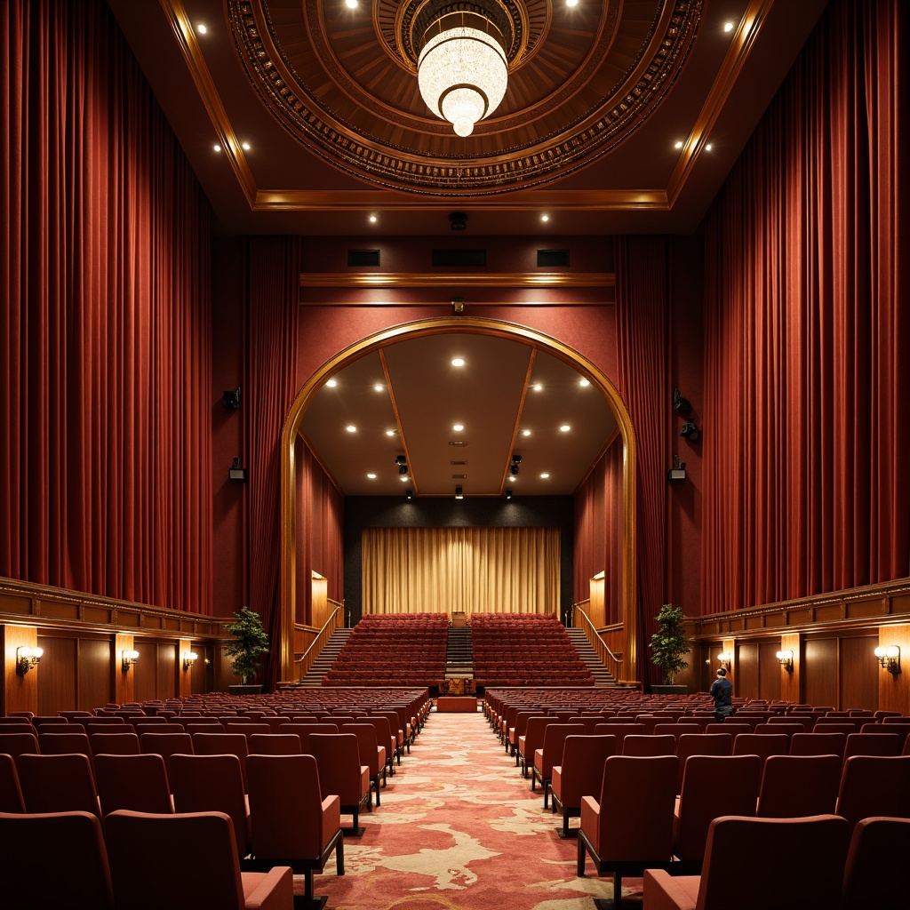 Prompt: Luxurious auditorium interior, rich velvet curtains, plush carpeting, polished wooden floors, metallic accents, soft cushioned seats, curved rows, stepped seating, grand stage, ornate chandeliers, dramatic spotlights, warm golden lighting, high ceilings, intricate molding, acoustic panels, sound-absorbing materials, minimalist decor, elegant simplicity, 1/2 composition, atmospheric perspective, realistic textures, subtle reflections.