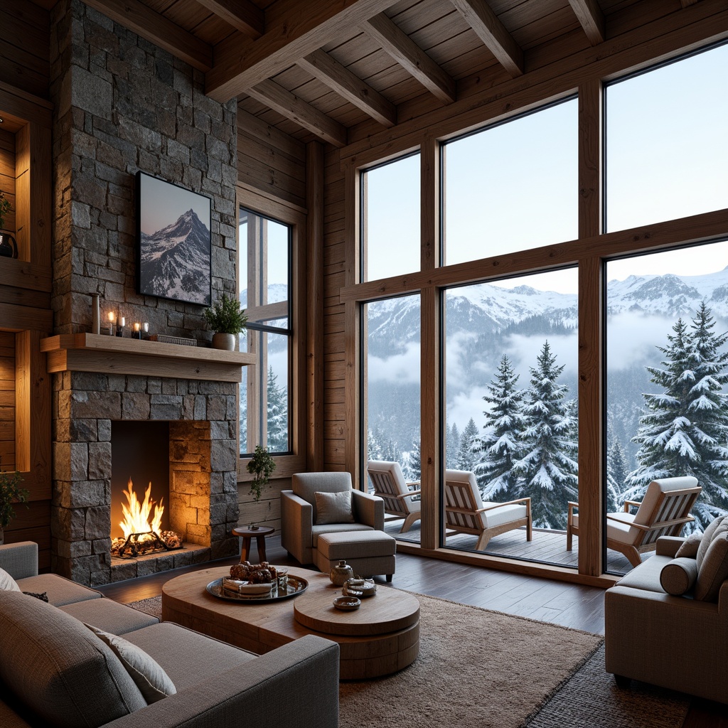 Prompt: Rustic ski resort, snow-capped mountains, frosty pine trees, wooden chalets, natural stone walls, earthy color palette, warm cozy interiors, reclaimed wood accents, exposed beams, comfortable lounge areas, floor-to-ceiling windows, panoramic views, snowy landscapes, misty morning light, soft warm glow, shallow depth of field, 1/2 composition, realistic textures, ambient occlusion.