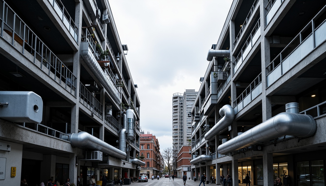 Prompt: Industrial building, steel framework, exposed ductwork, metal beams, reinforced columns, sleek modern design, urban cityscape, cloudy grey sky, natural diffused lighting, shallow depth of field, 2/3 composition, symmetrical architecture, metallic textures, ambient occlusion.