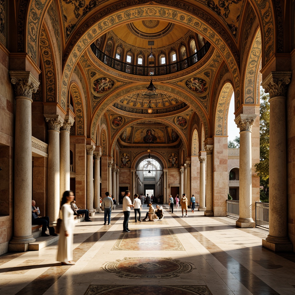 Prompt: Intricate arches, ornate columns, golden domes, lavish mosaics, ornamental patterns, rich tapestries, grandiose entrances, majestic vaulted ceilings, polished marble floors, elegant frescoes, Byzantine-inspired motifs, warm golden lighting, soft shadows, 3/4 composition, realistic textures, ambient occlusion.