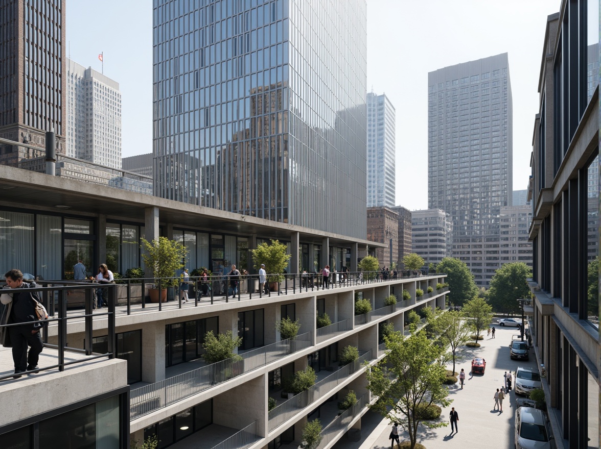 Prompt: Glass facades, steel frames, concrete structures, minimalist design, rectangular forms, clean lines, open floor plans, functional spaces, industrial materials, exposed ductwork, urban landscape, city skyline, busy streets, modern skyscrapers, neutral color palette, abundant natural light, diffuse softbox lighting, shallow depth of field, 2/3 composition, realistic textures, ambient occlusion.