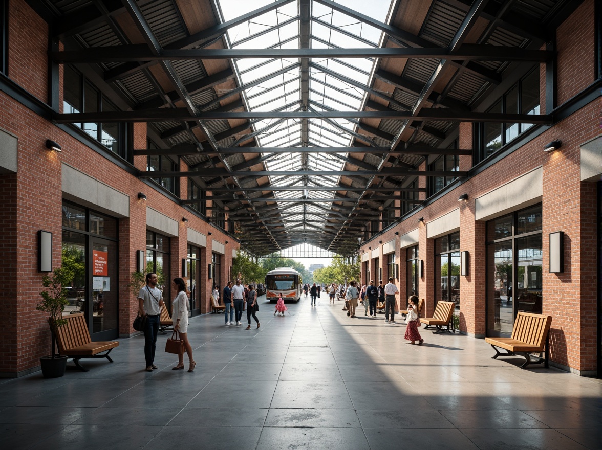 Prompt: Rustic bus station, industrial materials, exposed brick walls, metallic beams, polished concrete floors, wooden benches, urban landscape, morning commute, natural light pouring, shallow depth of field, 1/1 composition, symmetrical architecture, modernist design, clean lines, minimal ornamentation, functional layout, efficient passenger flow, LED signage, digital displays, green roofs, solar panels, rainwater harvesting systems, urban connectivity, bustling atmosphere, warm color tones, soft ambient lighting.