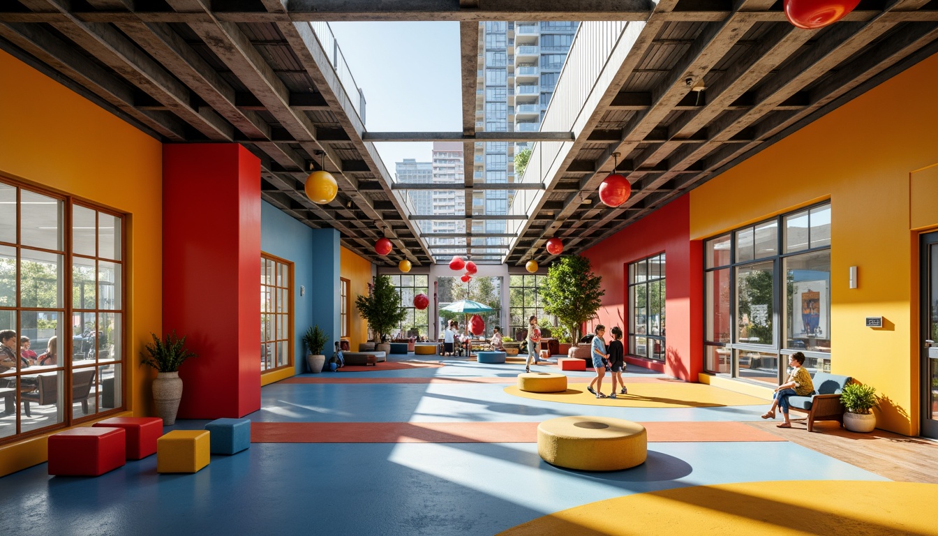 Prompt: Vibrant youth center, bold constructivist architecture, bright primary colors, geometric shapes, abstract patterns, industrial materials, metal beams, exposed ductwork, concrete floors, reclaimed wood accents, urban cityscape, sunny afternoon, soft natural light, shallow depth of field, 1/1 composition, symmetrical framing, graphic textures, stylized typography.