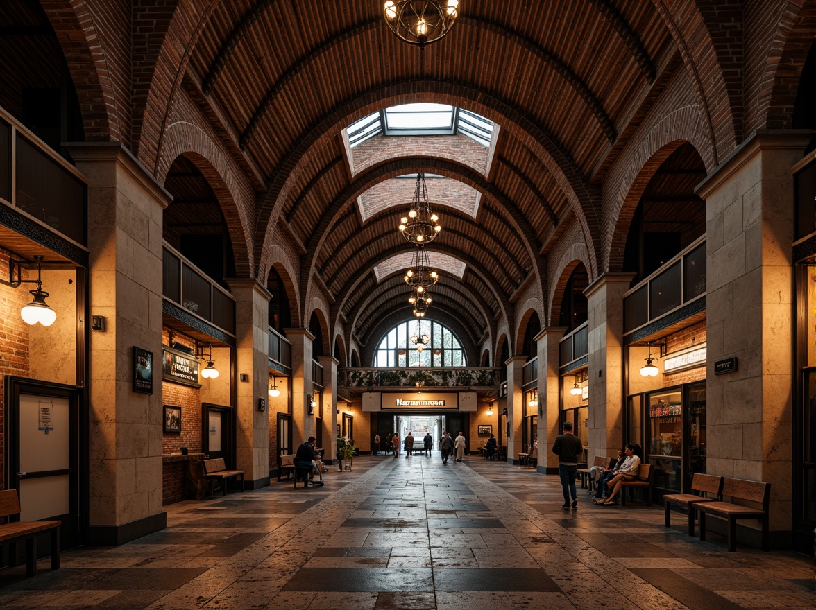 Prompt: Rustic metro station, Romanesque arches, sturdy stone walls, ornate brick patterns, grand vaulted ceilings, heavy iron chandeliers, intricate carvings, rough-hewn granite floors, warm atmospheric lighting, dramatic shadows, industrial metal beams, vintage signage, distressed concrete textures, rich earthy tones, 3/4 composition, low-angle shot, cinematic mood, realistic render.