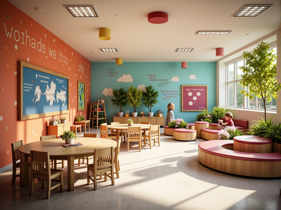 Prompt: Vibrant elementary school, playful kindergarten, bright colors, bold stripes, cheerful polka dots, educational murals, inspirational quotes, wooden desks, ergonomic chairs, interactive whiteboards, modern lighting fixtures, cozy reading nooks, natural wood accents, circular tables, collaborative learning spaces, sunny afternoon, soft warm glow, shallow depth of field, 1/1 composition, realistic textures, ambient occlusion.