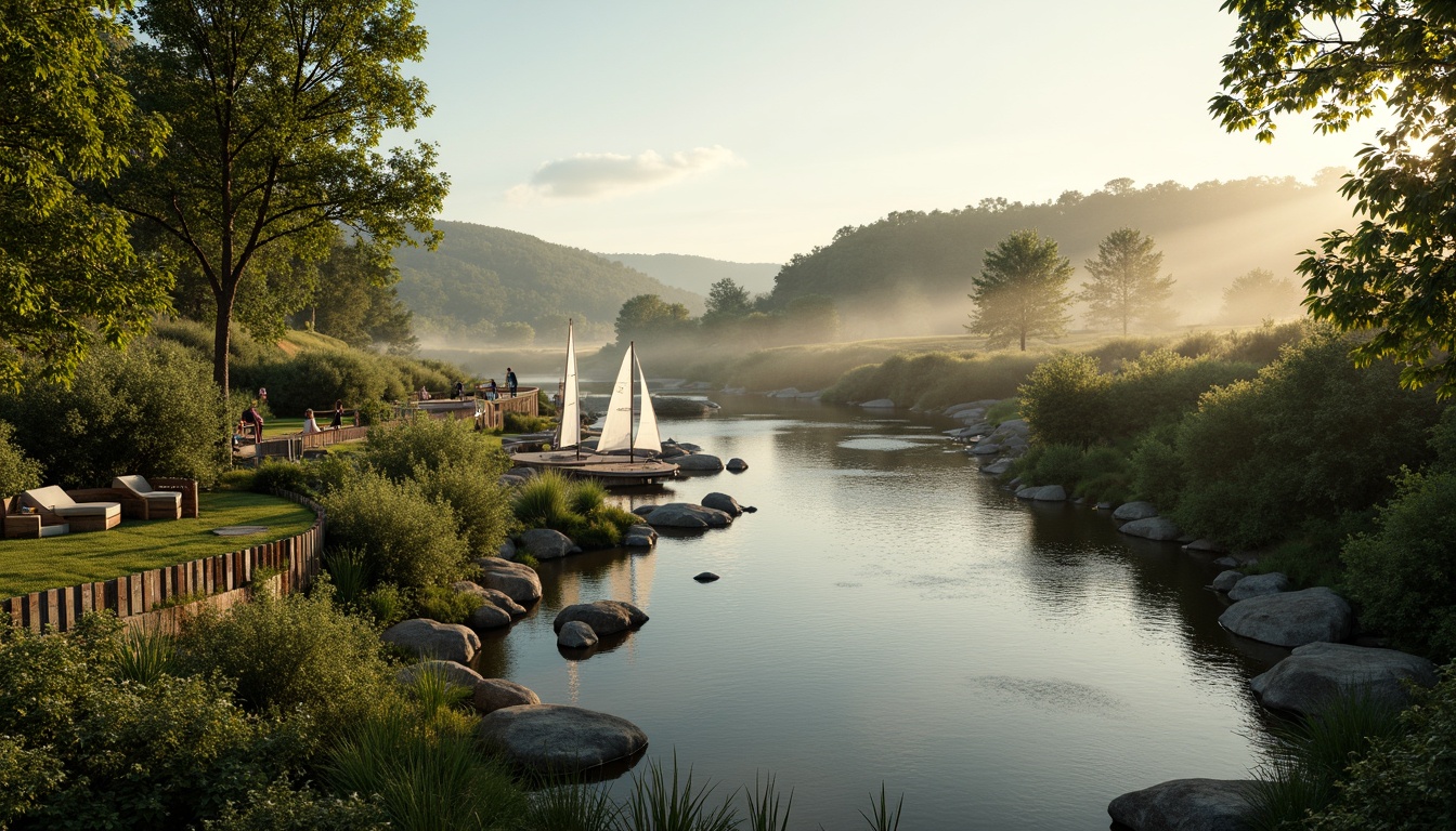 Prompt: Riverbank landscape, lush green vegetation, serene water flow, natural stone walls, wooden dock, sailboats, kayaks, canoeing, fishing nets, rustic benches, walking trails, scenic overlooks, suspension bridges, gentle slope terrain, misty morning atmosphere, warm golden lighting, shallow depth of field, 1/2 composition, panoramic view, realistic water simulation, ambient occlusion.