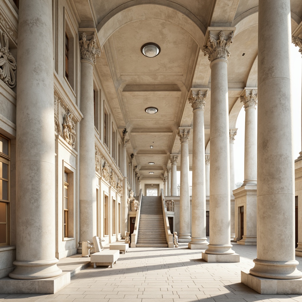 Prompt: Grandiose columns, ornate capitals, fluted shafts, classical pediments, intricately carved moldings, symmetrical facades, majestic arches, rusticated bases, limestone materials, creamy white hues, subtle warm lighting, shallow depth of field, 1/1 composition, realistic textures, ambient occlusion, elegant entranceways, sweeping staircases, refined details, sophisticated ornamentation.