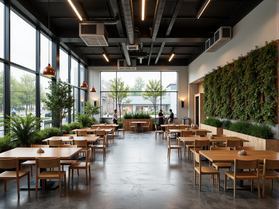 Prompt: Modern dining hall, high ceilings, large windows, natural light, open floor plan, communal tables, wooden chairs, minimalist decor, industrial-style lighting fixtures, exposed ductwork, polished concrete floors, greenery walls, living trees, ambient soft lighting, 1/1 composition, shallow depth of field, realistic textures, warm color palette.