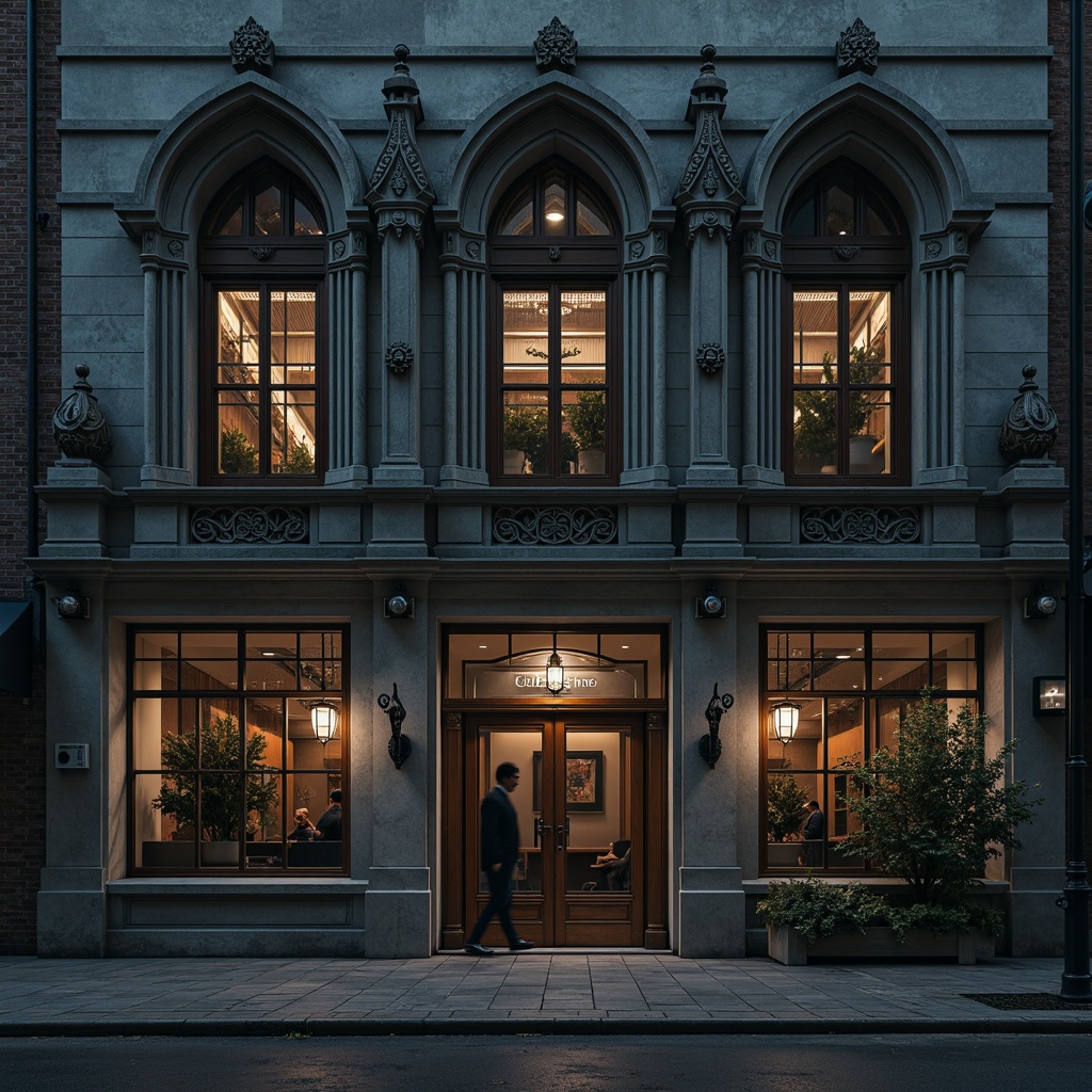 Prompt: Ornate office building facade, pointed arches, ribbed vaults, flying buttresses, intricate stone carvings, stained glass windows, grand entrance doors, heavy metal hinges, ornamental ironwork, dark mysterious tone, misty morning atmosphere, soft diffused lighting, high contrast shadows, detailed textures, cinematic composition, symmetrical framing.