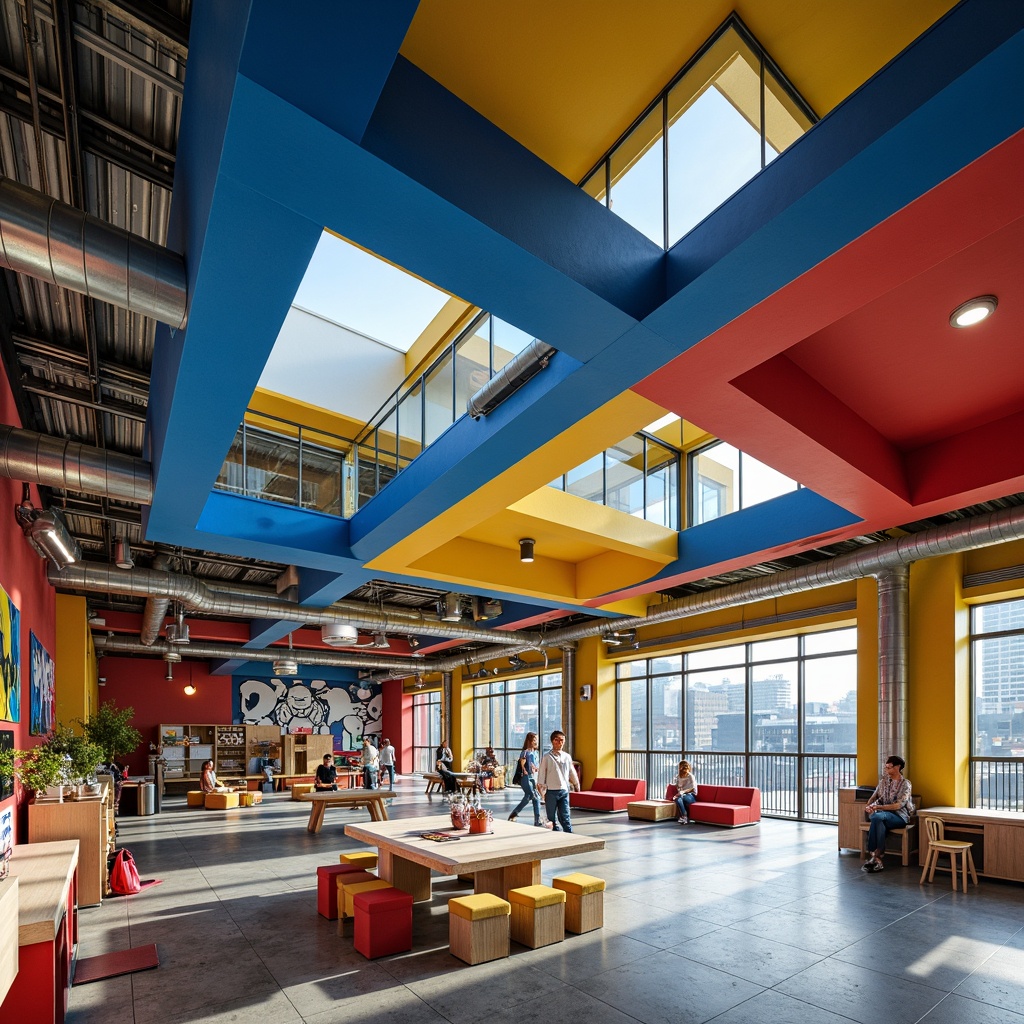 Prompt: Vibrant youth center, bold constructivist architecture, geometric shapes, bright primary colors, blue accents, yellow highlights, red details, industrial materials, exposed ductwork, metal beams, concrete floors, urban cityscape, modern street art, graffiti walls, dynamic lighting, shallow depth of field, 1/1 composition, realistic textures, ambient occlusion.