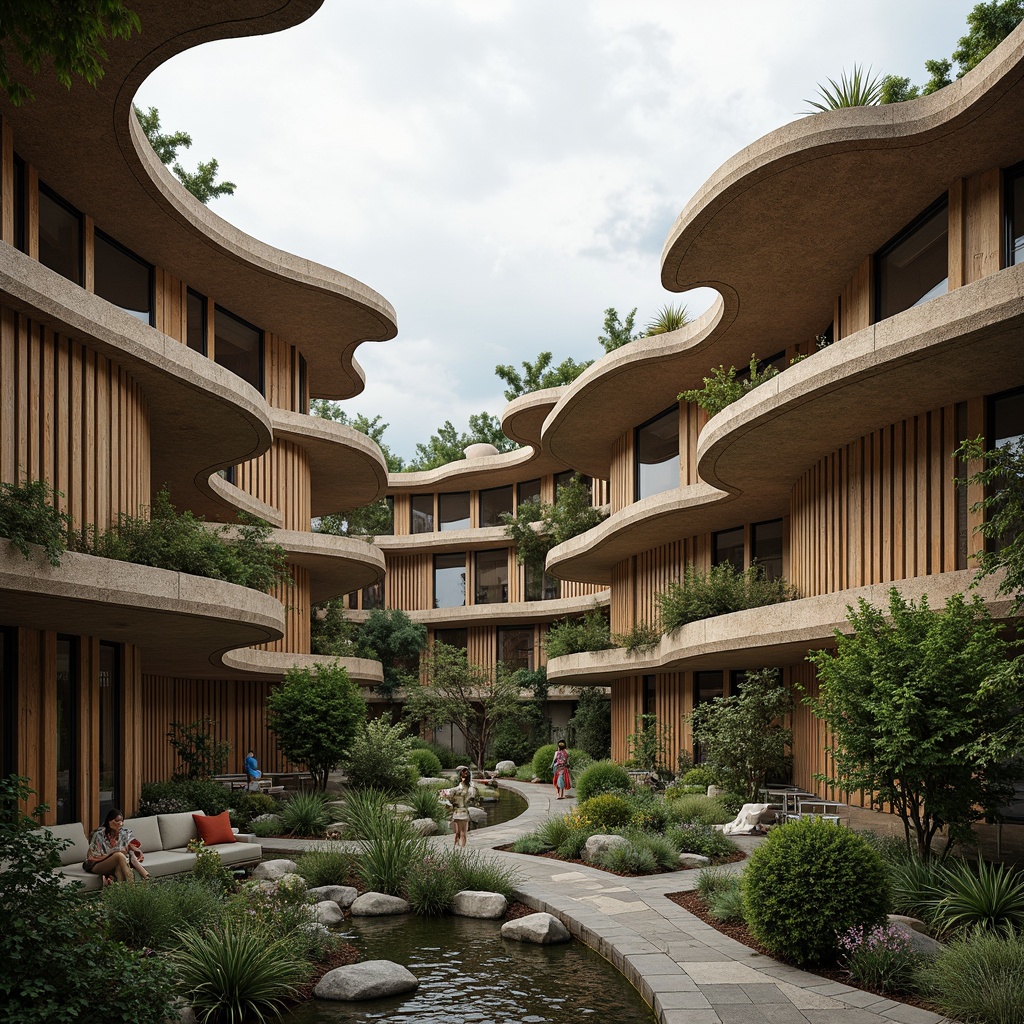 Prompt: Undulating roofs, wavy lines, natural materials, earthy tones, biomimicry elements, flowing curves, organic shapes, free-form structures, sustainable design, recycled wood accents, living walls, green roofs, lush vegetation, serene atmosphere, soft diffused lighting, shallow depth of field, 1/1 composition, intimate scale, warm color palette, tactile textures, natural stone foundations.