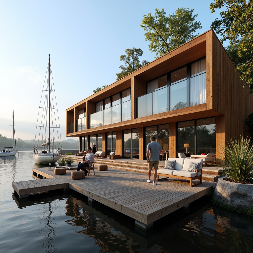 Prompt: Waterfront location, serene lake views, wooden dock, sailboats, luxury boathouse design, modern rustic architecture, reclaimed wood accents, large windows, sliding glass doors, cozy interior spaces, nautical-themed decor, plush furnishings, warm lighting, natural textures, shallow water reflections, misty morning atmosphere, 1/2 composition, soft focus blur, realistic water simulations.