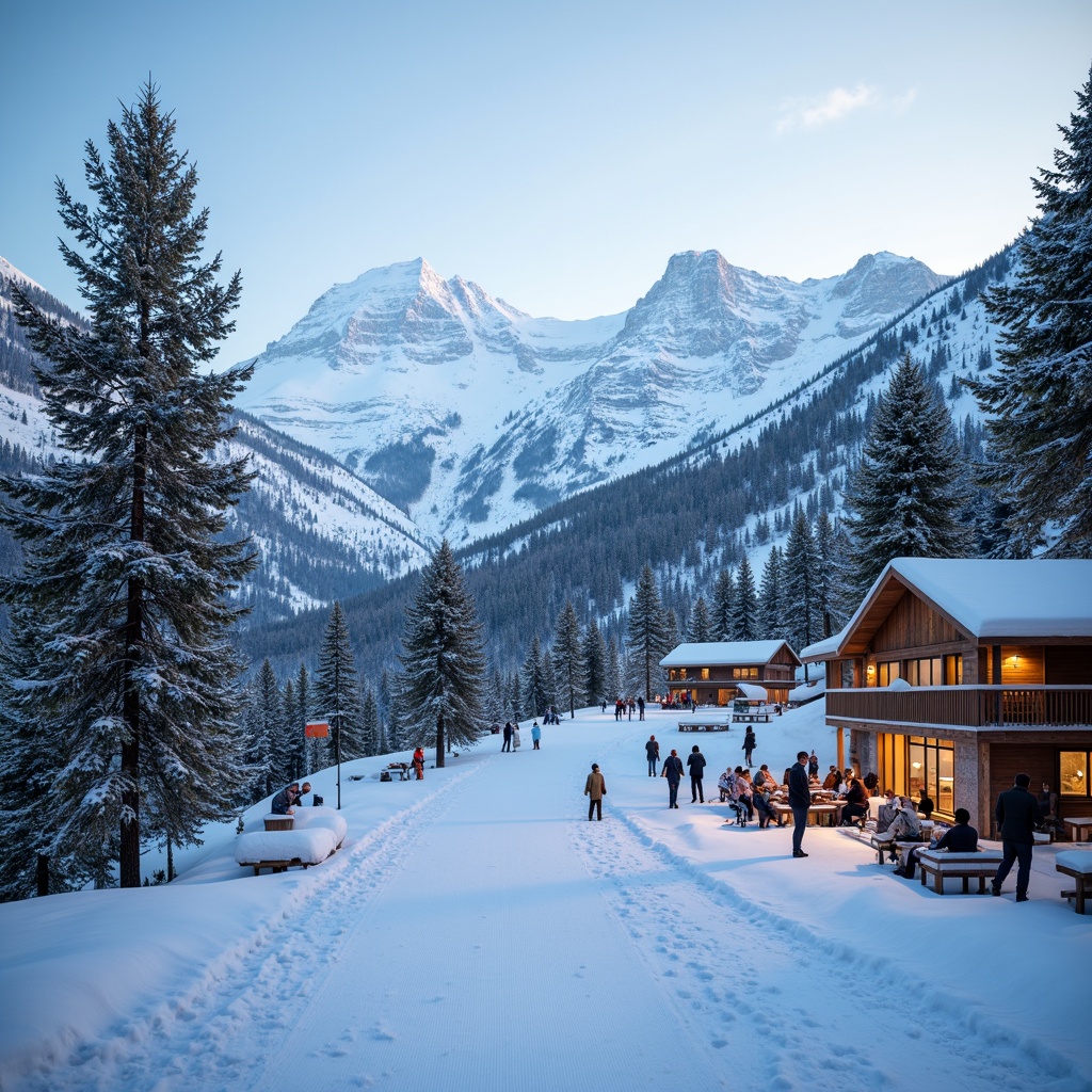 Prompt: Snow-capped mountains, frosty pine trees, icy slopes, ski lifts, rustic wooden lodges, warm fireplaces, cozy cafes, vibrant winter sports equipment, refreshing mountain air, soft snowy lighting, shallow depth of field, 3/4 composition, panoramic view, realistic textures, ambient occlusion.