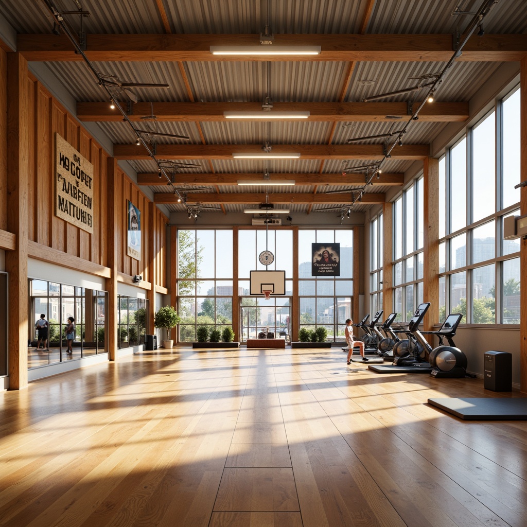 Prompt: Modern gymnasium interior, high ceilings, polished wood flooring, mirrored walls, athletic equipment, basketball hoops, volleyball nets, treadmills, exercise machines, free weights, yoga mats, sound-absorbing panels, bright natural light, warm color scheme, spacious open areas, minimal columns, functional layout, efficient traffic flow, comfortable seating areas, inspirational quotes, motivational posters, LED lighting, 1/1 composition, shallow depth of field, realistic textures.