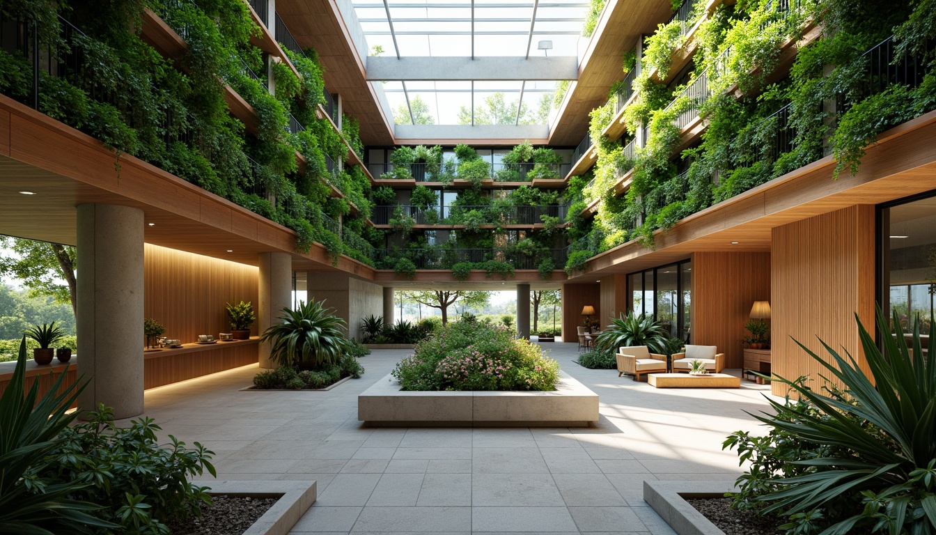 Prompt: Vibrant atrium, lush green walls, natural stone flooring, wooden accents, clerestory windows, skylights, solar tubes, light shelves, reflective surfaces, minimalist decor, open floor plans, airy feel, warm ambiance, soft diffused lighting, indirect illumination, 1/1 composition, shallow depth of field, realistic textures, ambient occlusion.