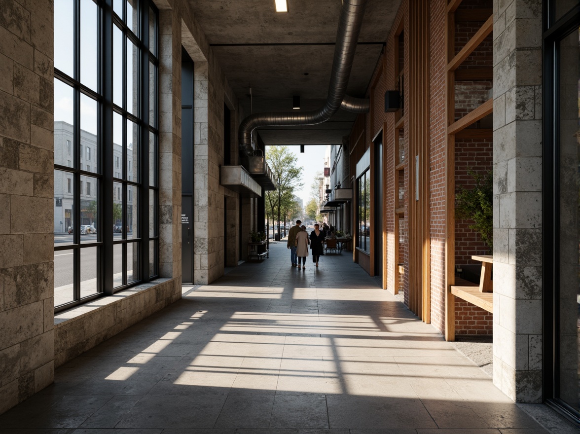 Prompt: Rustic stone walls, smooth glass facades, rough concrete textures, reflective metal surfaces, wooden accents, industrial pipes, exposed brick, modern minimalist design, urban cityscape, busy streets, natural light pouring in, dramatic shadows, high contrast ratio, 1/1 composition, close-up shot, realistic rendering, ambient occlusion.