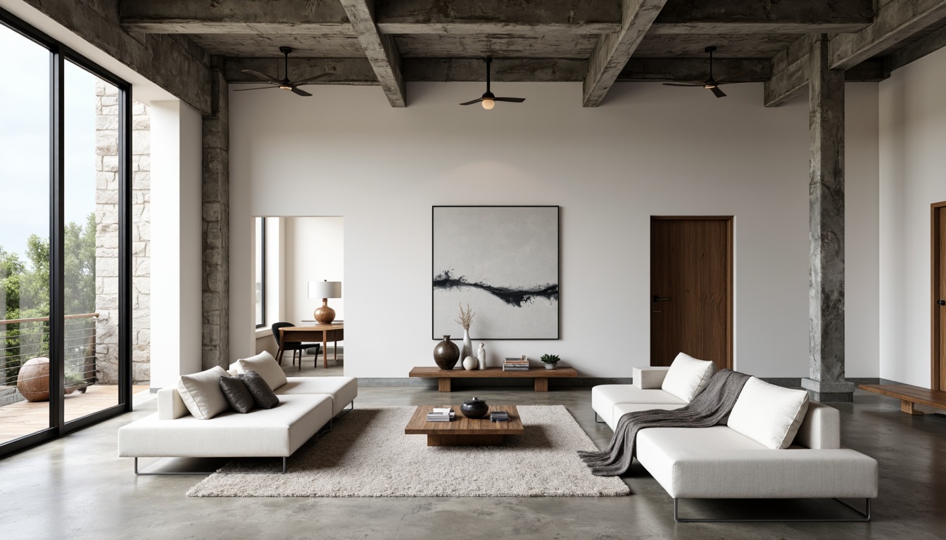 Prompt: Minimalist living room, monochromatic color scheme, sleek low-profile furniture, polished concrete floors, industrial-chic metal beams, floor-to-ceiling windows, natural light pouring in, sparse decor, few statement art pieces, textured throw blankets, hidden storage compartments, multi-functional spaces, open-plan layout, airy atmosphere, soft warm lighting, shallow depth of field, 1/1 composition, realistic textures, ambient occlusion.