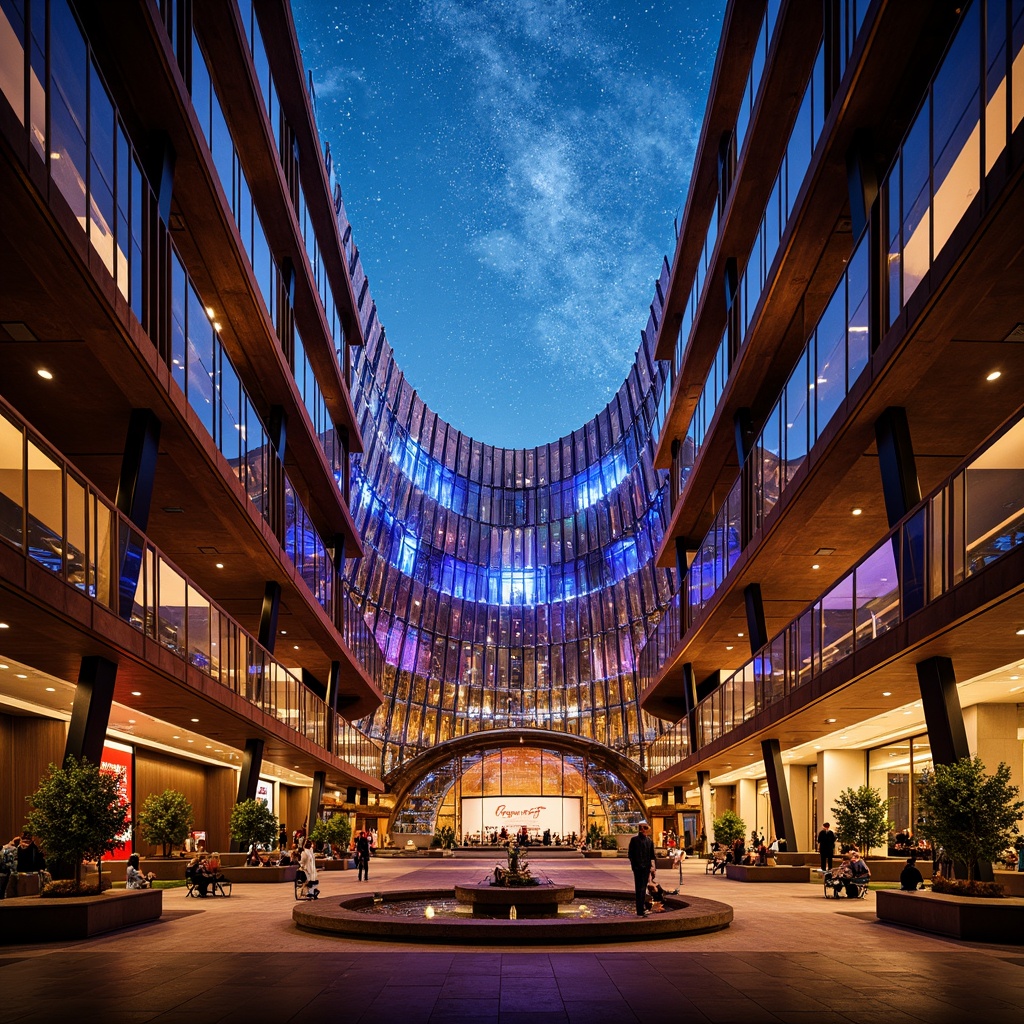 Prompt: Grand concert hall, sweeping curves, dramatic LED lighting, cantilevered balconies, transparent glass facades, sleek metal accents, modern angular architecture, vibrant evening ambiance, warm golden spotlights, shallow depth of field, 1/2 composition, panoramic cityscape, realistic reflective surfaces, ambient occlusion.