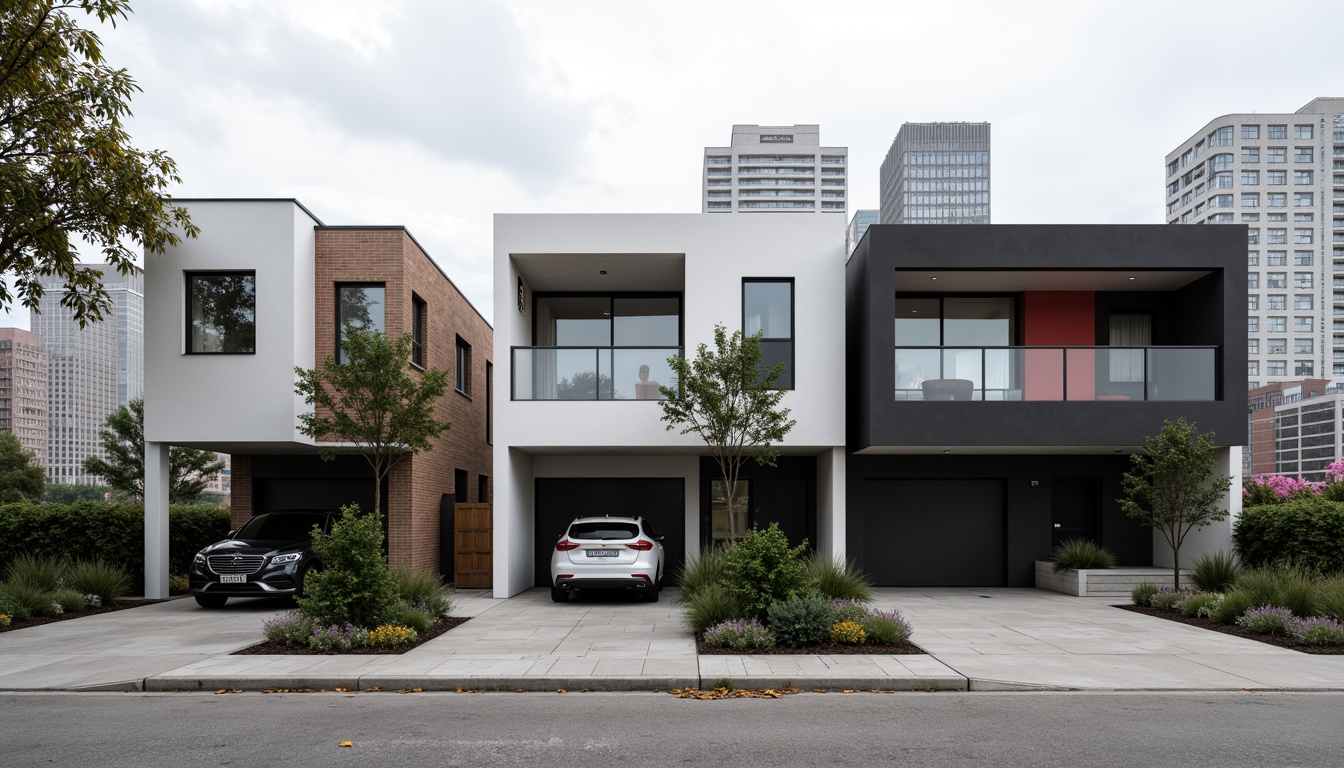 Prompt: Monochromatic Bauhaus homes, industrial chic aesthetic, exposed brick walls, steel beams, polished concrete floors, minimal ornamentation, functional simplicity, bold color blocking, primary colors, geometric shapes, rectangular forms, clean lines, urban landscape, modern cityscape, overcast sky, soft diffused lighting, high contrast ratio, 2/3 composition, realistic textures, ambient occlusion.