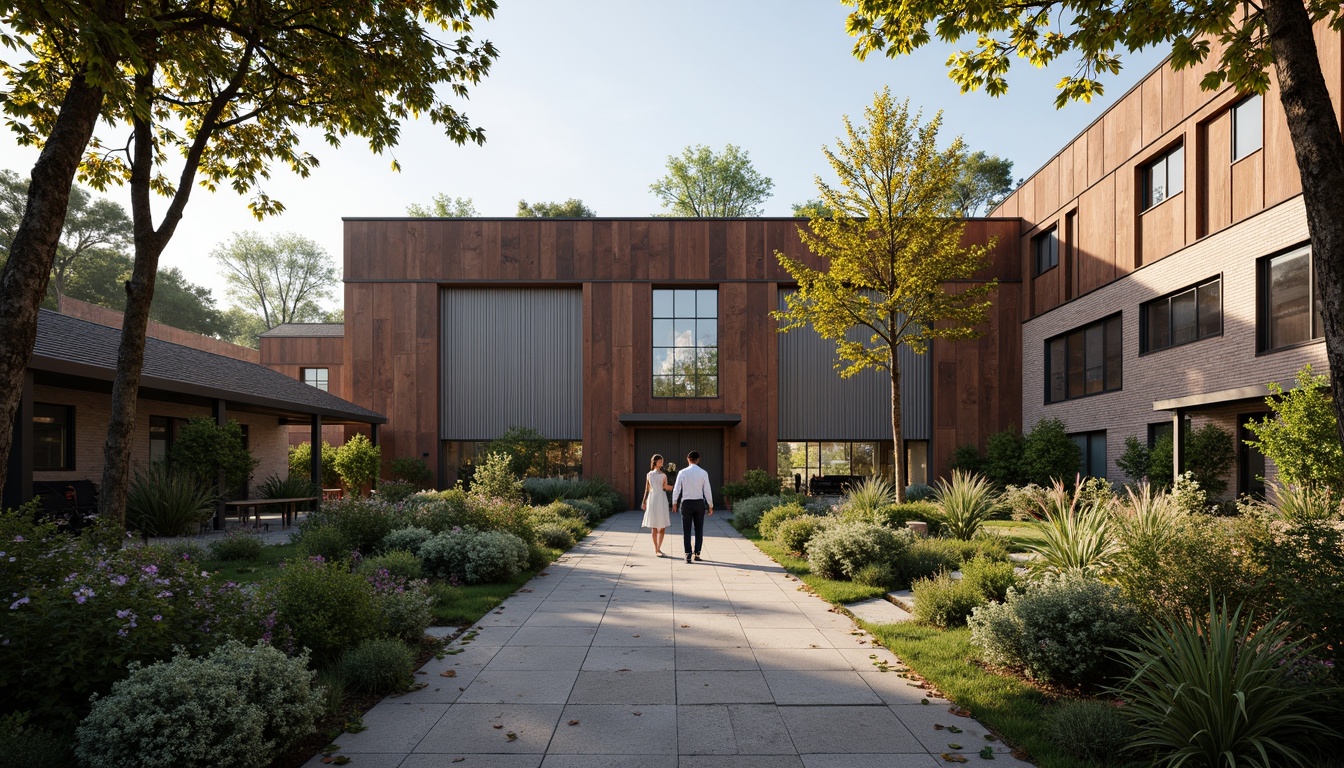 Prompt: Rustic warehouse facade, exposed brick walls, metal cladding, large industrial windows, rolling doors, urban landscape integration, green roofs, living walls, vertical gardens, native plant species, natural stone pathways, reclaimed wood accents, modern minimalist design, functional simplicity, abundant natural light, soft warm illumination, shallow depth of field, 1/1 composition, realistic textures, ambient occlusion.