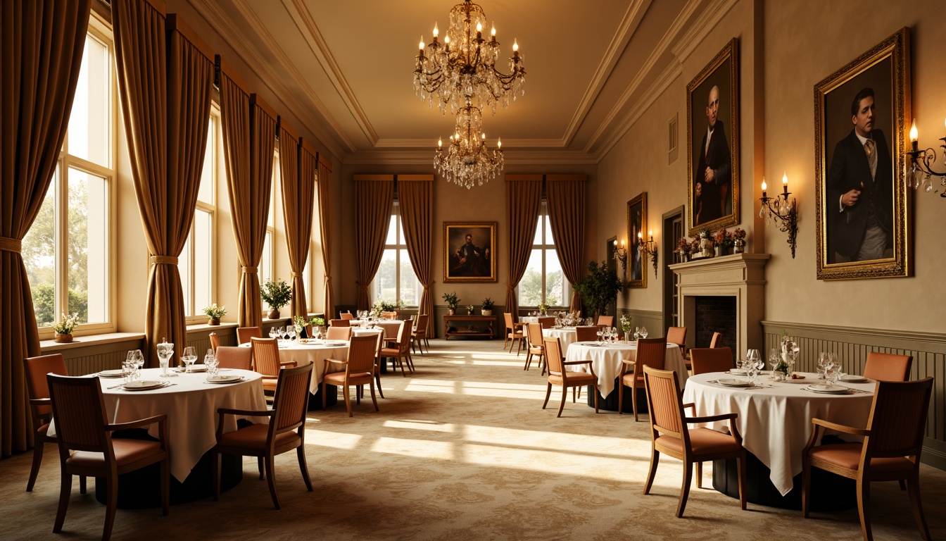 Prompt: Elegant dining hall, warm beige walls, rich wood furniture, luxurious velvet curtains, crystal chandeliers, refined gold accents, soft cream carpets, classic oil paintings, intimate candlelit ambiance, cozy fireplace, afternoon sunlight, warm golden lighting, shallow depth of field, 1/2 composition, realistic textures, ambient occlusion.