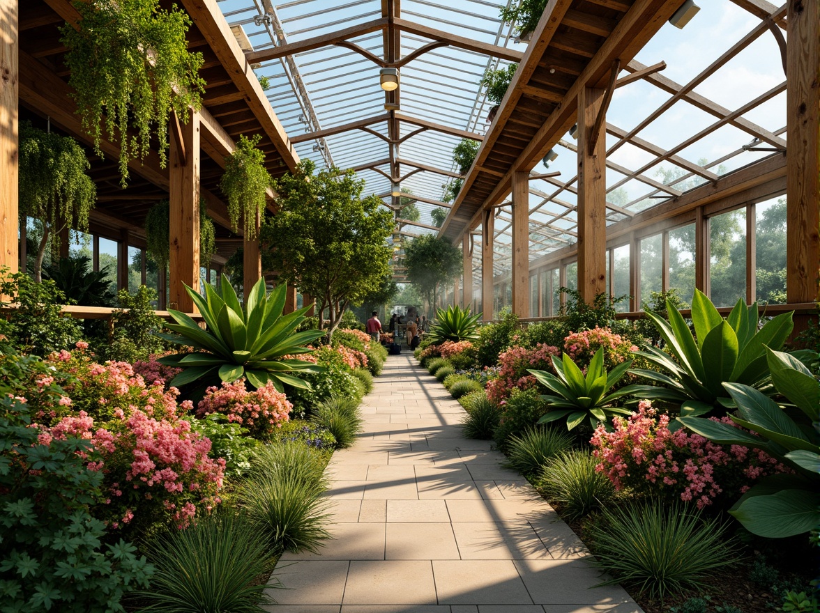 Prompt: Lush tropical greenhouse, vibrant floral arrangements, exotic plants, natural stone pathways, wooden trellises, misting systems, warm soft lighting, shallow depth of field, 1/1 composition, realistic textures, ambient occlusion, bright coral hues, lively lime greens, sunny yellow accents, sky blue undertones, rich brown wood tones, lush green foliage, blooming flowers, tropical palm trees, natural ventilation systems, rustic metal accents.