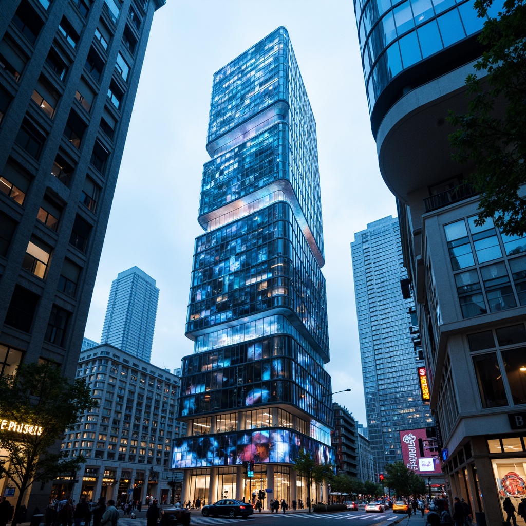 Prompt: Futuristic skyscraper towers, neon-lit cityscape, towering heights, metallic reflections, gleaming glass facades, angular geometric patterns, holographic advertisements, levitating walkways, atmospheric misting systems, vibrant LED lighting, electric blue accents, sleek aerodynamic curves, cantilevered structures, panoramic views, 3/4 composition, low-angle shot, dramatic shading, cinematic atmosphere.