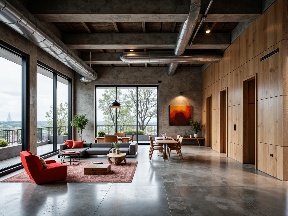 Prompt: Minimalist open floor plan, industrial materials, exposed ductwork, polished concrete floors, steel beams, functional simplicity, geometric shapes, rectangular forms, primary color accents, natural light, floor-to-ceiling windows, sliding glass doors, urban loft atmosphere, modernist furniture, sleek lines, minimal ornamentation, functional zones, flexible living spaces, communal areas, cozy nooks, warm task lighting, shallow depth of field, 1/1 composition, realistic textures, ambient occlusion.