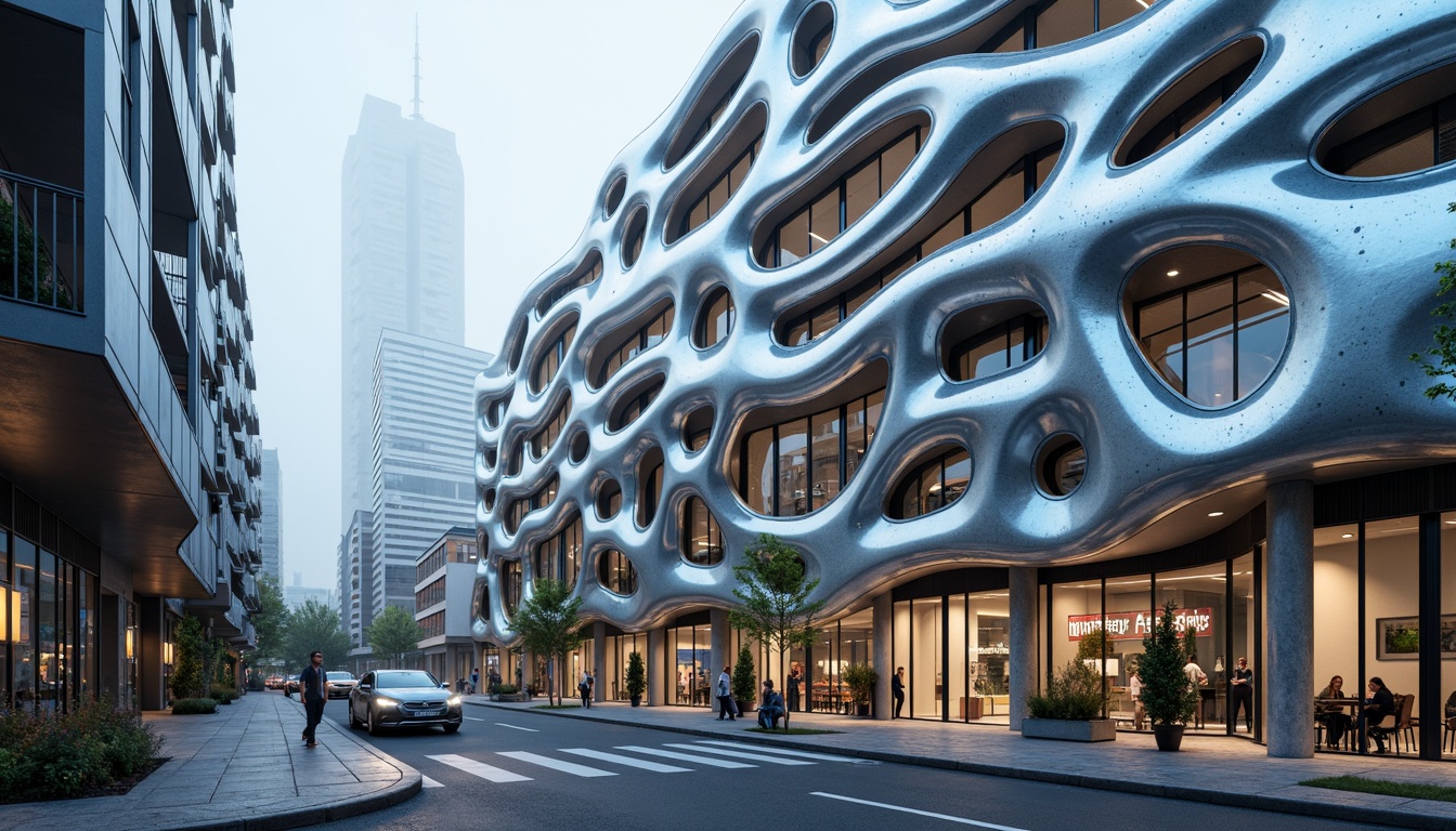 Prompt: Organic blob-shaped buildings, futuristic facade design, iridescent colors, glossy finishes, undulating curves, parametric architecture, amoeba-inspired forms, translucent materials, LED light installations, dynamic shading systems, responsive skin facades, biomimetic patterns, 3D-printed components, adaptive solar panels, misty atmospheric effects, shallow depth of field, 1/1 composition, panoramic view, high-tech ambiance.