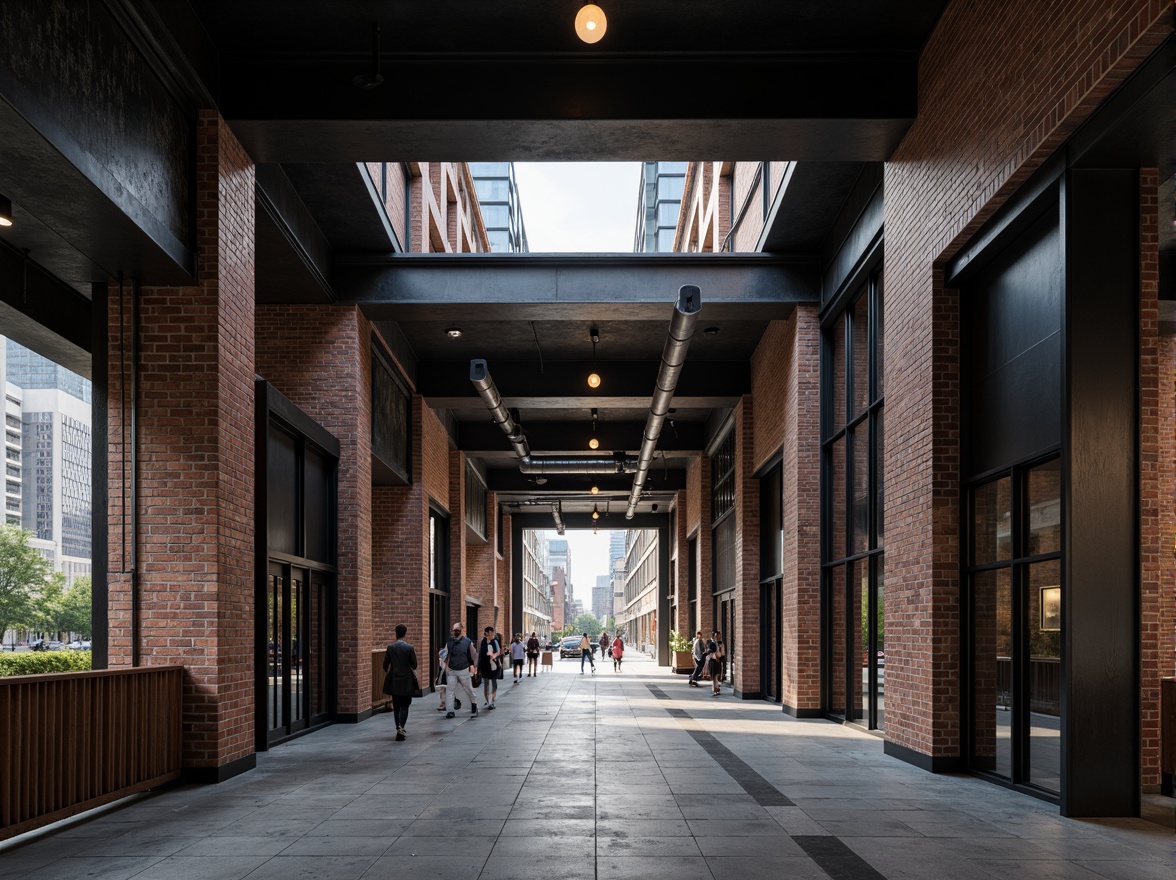 Prompt: Exposed brick walls, industrial metal beams, functional pipes, minimalist decor, monochromatic color scheme, geometric shapes, clean lines, urban landscape, busy city streets, modern skyscrapers, concrete pavement, steel gates, reclaimed wood accents, vintage factory windows, Edison bulb lighting, 1/1 composition, low-key lighting, gritty textures, atmospheric fog.