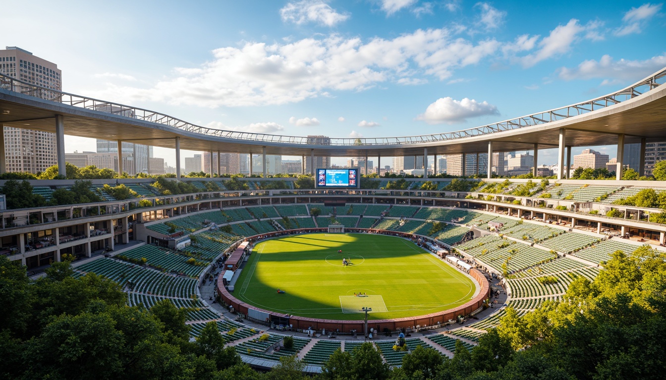 Prompt: Grand stadium architecture, sleek curved lines, vibrant LED lighting, lush green roofs, natural stone fa\u00e7ades, modern amenities, state-of-the-art scoreboards, comfortable seating areas, food and beverage vendors, panoramic city views, sunny day, soft warm lighting, shallow depth of field, 3/4 composition, realistic textures, ambient occlusion.