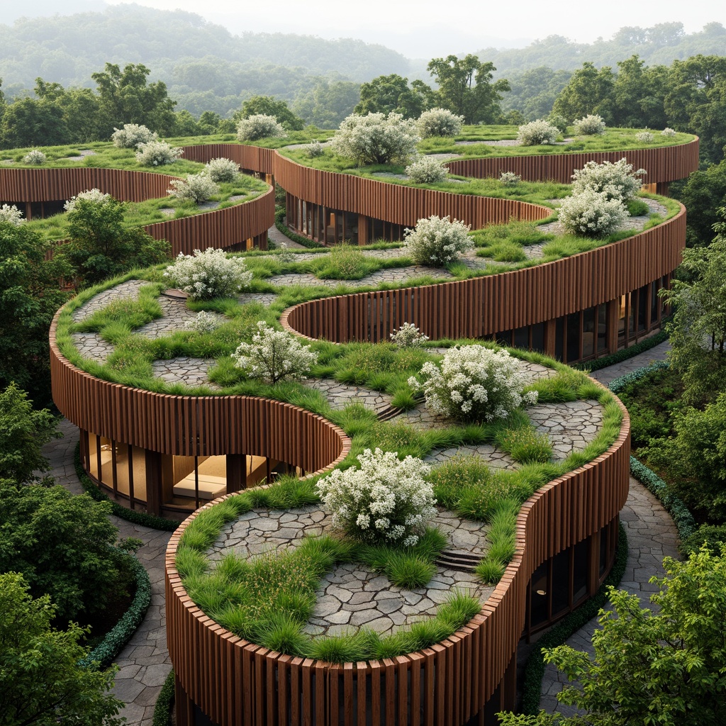 Prompt: Undulating green roofs, curved wooden structures, natural stone walls, earthy tones, free-flowing lines, biomimetic designs, wavy glass facades, organic shapes, sustainable materials, recycled wood accents, living walls, lush vegetation, serene atmosphere, soft diffused lighting, 1/2 composition, intimate scale, earth-inspired color palette.