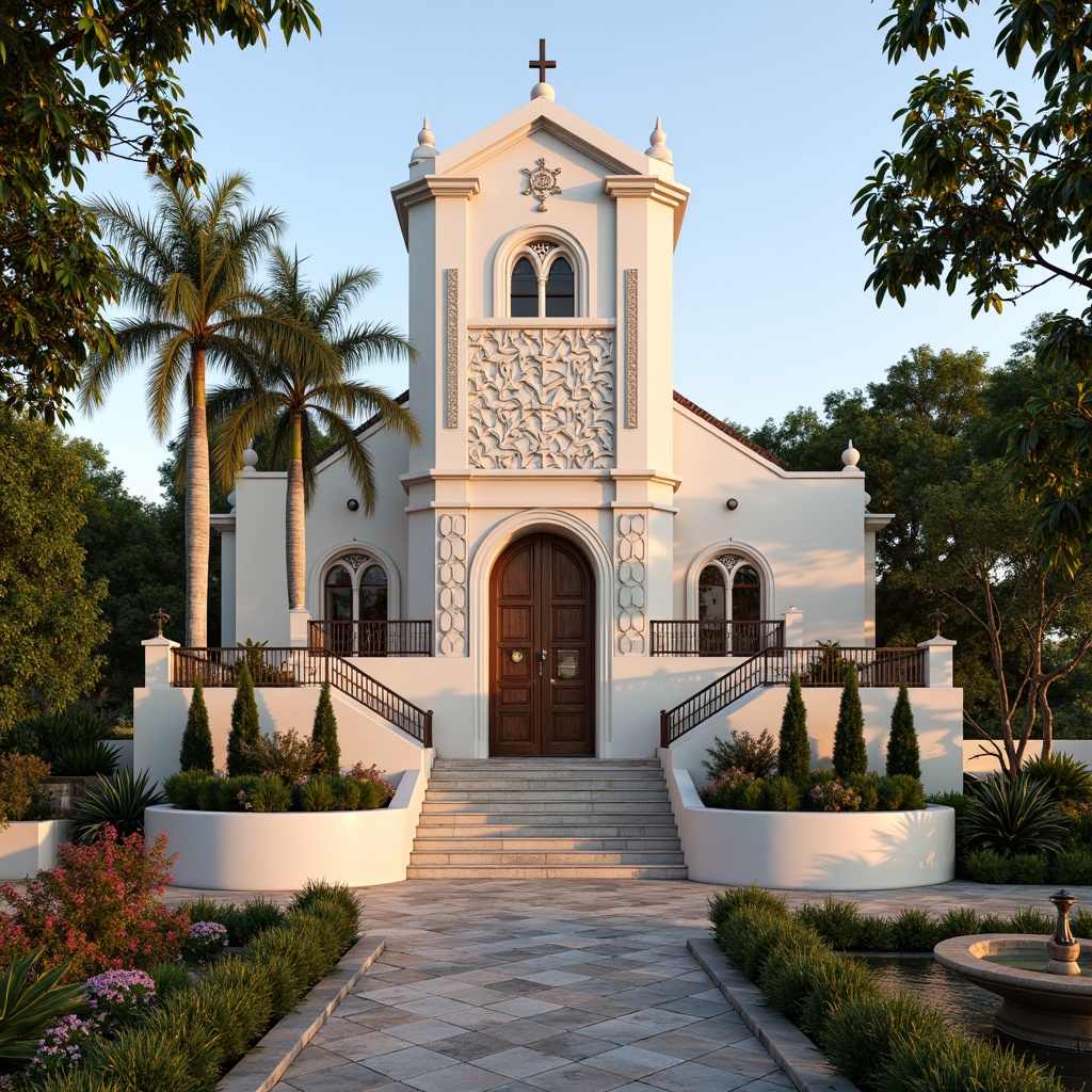 Prompt: Elegant church facade, ornate stone carvings, symmetrical entrance, grand staircases, geometric patterned walkways, lush greenery, vibrant flower beds, tropical palms, decorative fountains, intricate metal railings, bronze accents, warm golden lighting, shallow depth of field, 3/4 composition, panoramic view, realistic textures, ambient occlusion.