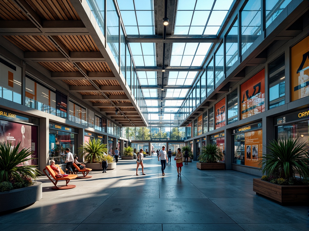 Prompt: Vibrant transportation hub, dynamic cityscape, bustling atmosphere, modern architecture, sleek metal beams, glass roofs, LED lighting systems, futuristic ambiance, high-contrast color scheme, bold typography, abstract patterns, urban textures, concrete flooring, stainless steel accents, bright citrus hues, deep blues, warm neutrals, soft pastels, ambient occlusion, realistic reflections, 1/2 composition, shallow depth of field, warm sunny day.