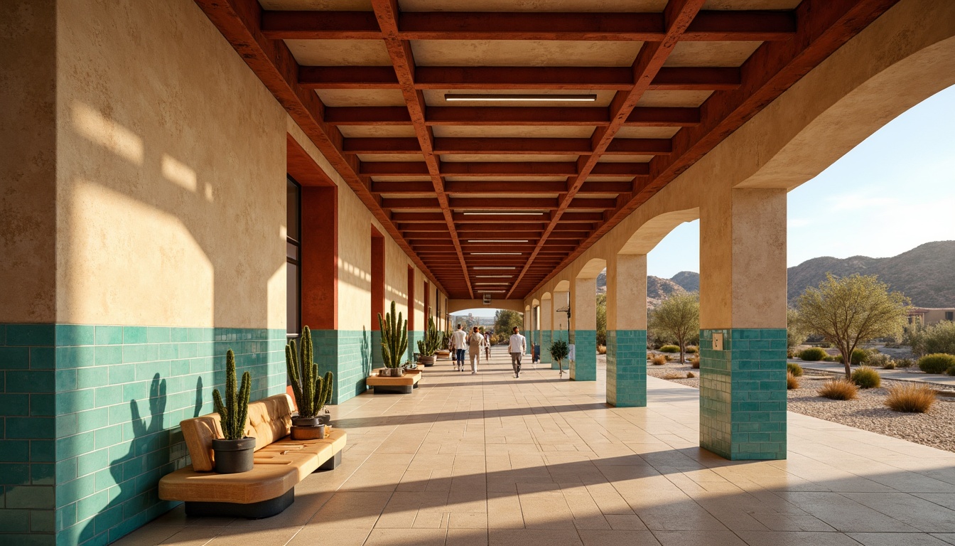 Prompt: \Earthy metro station, sandy beige walls, terracotta-red accents, turquoise glass tiles, rusty metal beams, weathered wood benches, cactus-inspired sculptures, warm golden lighting, soft shadows, shallow depth of field, 3/4 composition, symmetrical architecture, modern minimalist design, arid landscape views, clear blue skies, vast open spaces.\