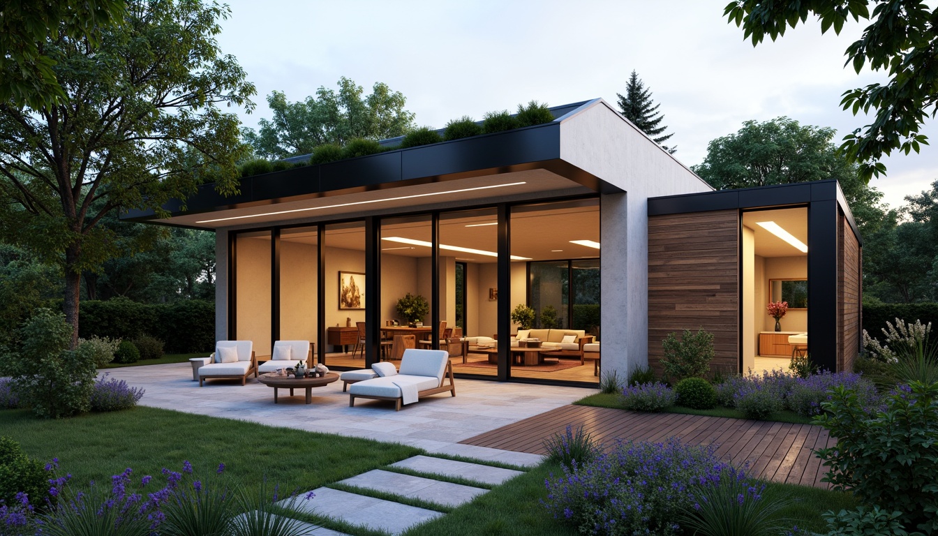 Prompt: Modern home exterior, sleek lines, minimalist fa\u00e7ade, large windows, sliding glass doors, sustainable materials, recycled wood accents, low-maintenance cladding, solar panels, green roofs, energy-efficient systems, natural stone flooring, polished concrete surfaces, industrial-chic metal frames, warm LED lighting, cozy outdoor seating areas, lush greenery, vibrant flowering plants, serene ambiance, shallow depth of field, 3/4 composition, realistic textures.