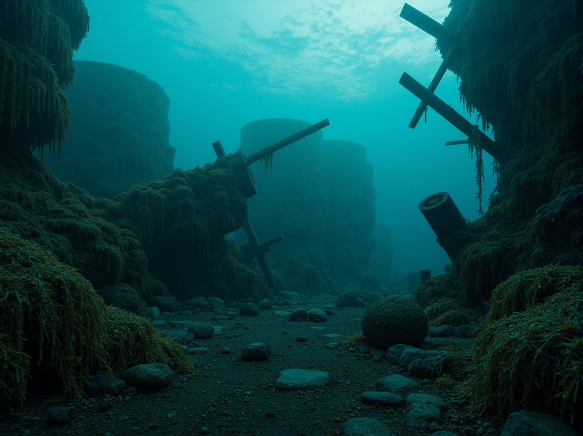 Prompt: Moody underwater scene, dark cyan hues, mysterious oceanic atmosphere, eerie bioluminescent creatures, coral reef structures, undulating seaweed, weathered wooden shipwrecks, rusty metal debris, soft glowing jellyfish, misty foggy ambiance, shallow depth of field, 1/2 composition, cinematic lighting, realistic water simulations, subtle ripple effects.