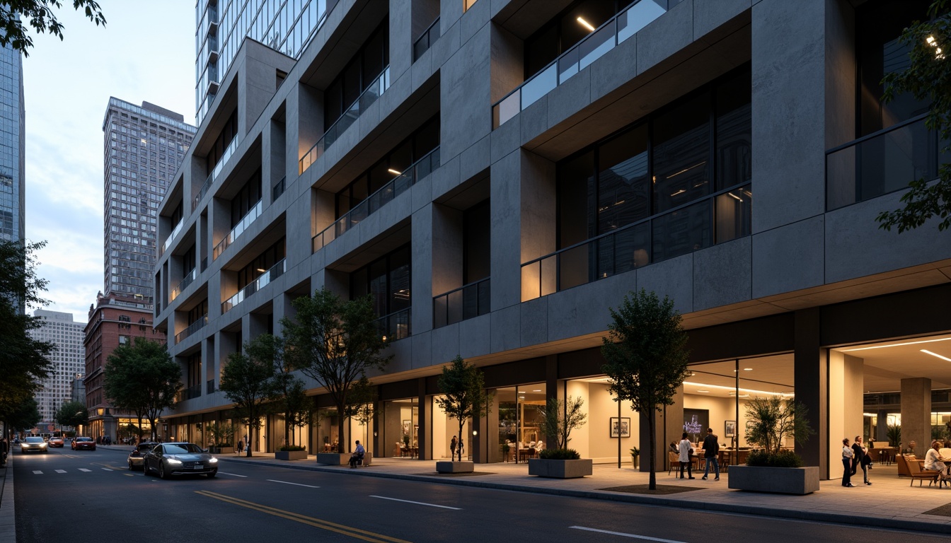 Prompt: Geometric facade, cantilevered balconies, industrial materials, exposed ductwork, minimalist ornamentation, monochromatic color scheme, brutalist architecture, urban cityscape, evening ambiance, warm neon lighting, shallow depth of field, 1/2 composition, low-angle shot, realistic textures, ambient occlusion, metallic surfaces, concrete walls, large windows, sleek lines, functional minimalism, modernist principles.